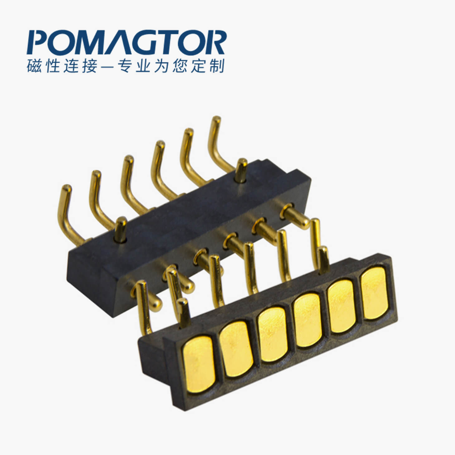 POGO PIN连接器 折弯式：6PIN，电镀黄铜Au10u，电压12V，电流1.5A，工作温度-30°~85°