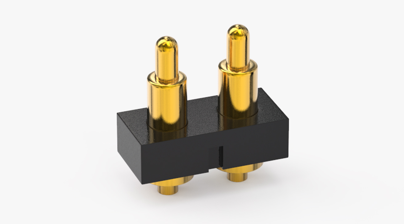 POGO PIN连接器 DIP式：2PIN，电镀黄铜Au4u，电压36V，电流1A，工作行程1.0mm:35±20gf，弹力30000次+，工作温度-30°~85°