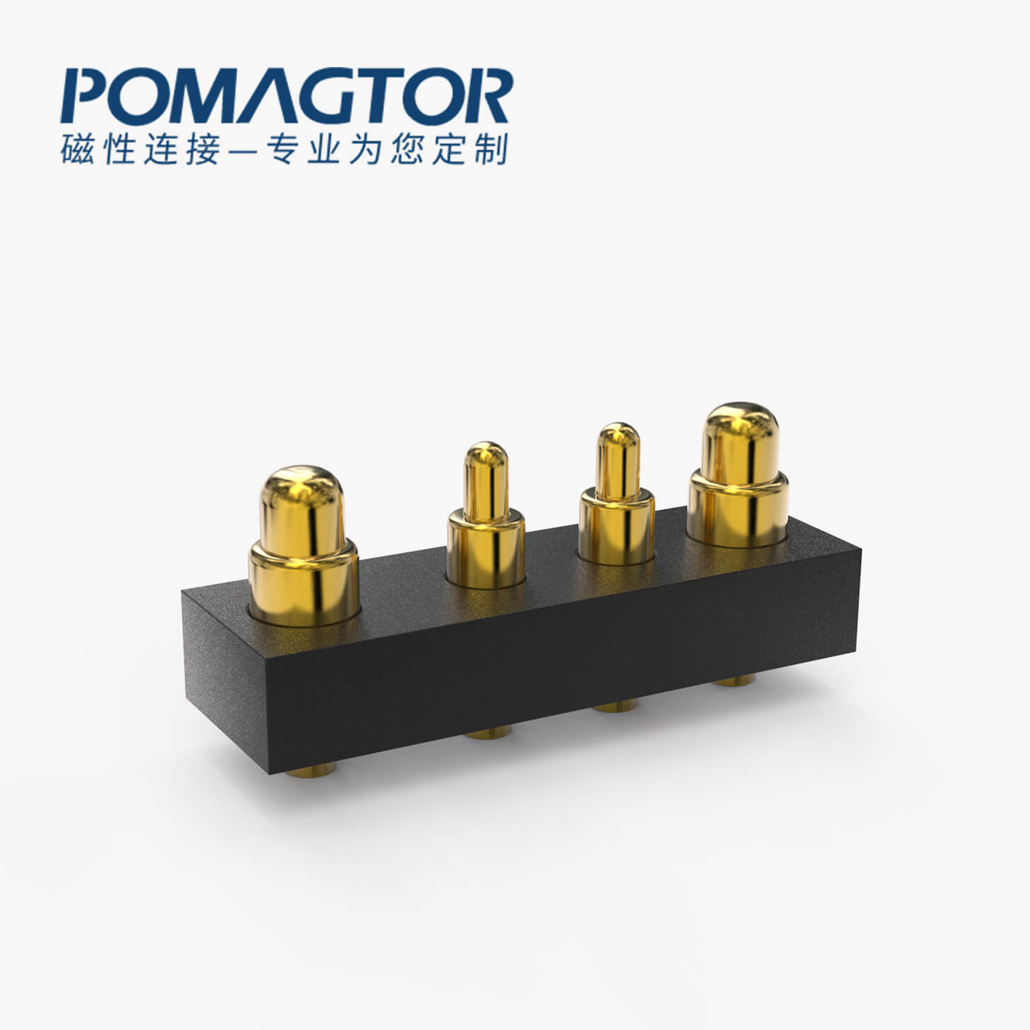 POGO PIN连接器 DIP式：4PIN，电镀黄铜Au10u，电压12V，电流1.2A，工作行程0.5mm:150gfMax，弹力30000次+，工作温度-30°~85°