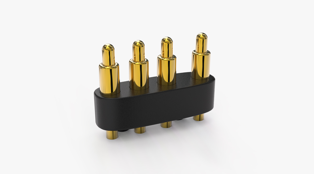 POGO PIN连接器 DIP式：4PIN，电镀黄铜Au10u，电压12V，电流1.5A，工作行程0.95mm:120gfMax，弹力30000次+，工作温度-30°~85°