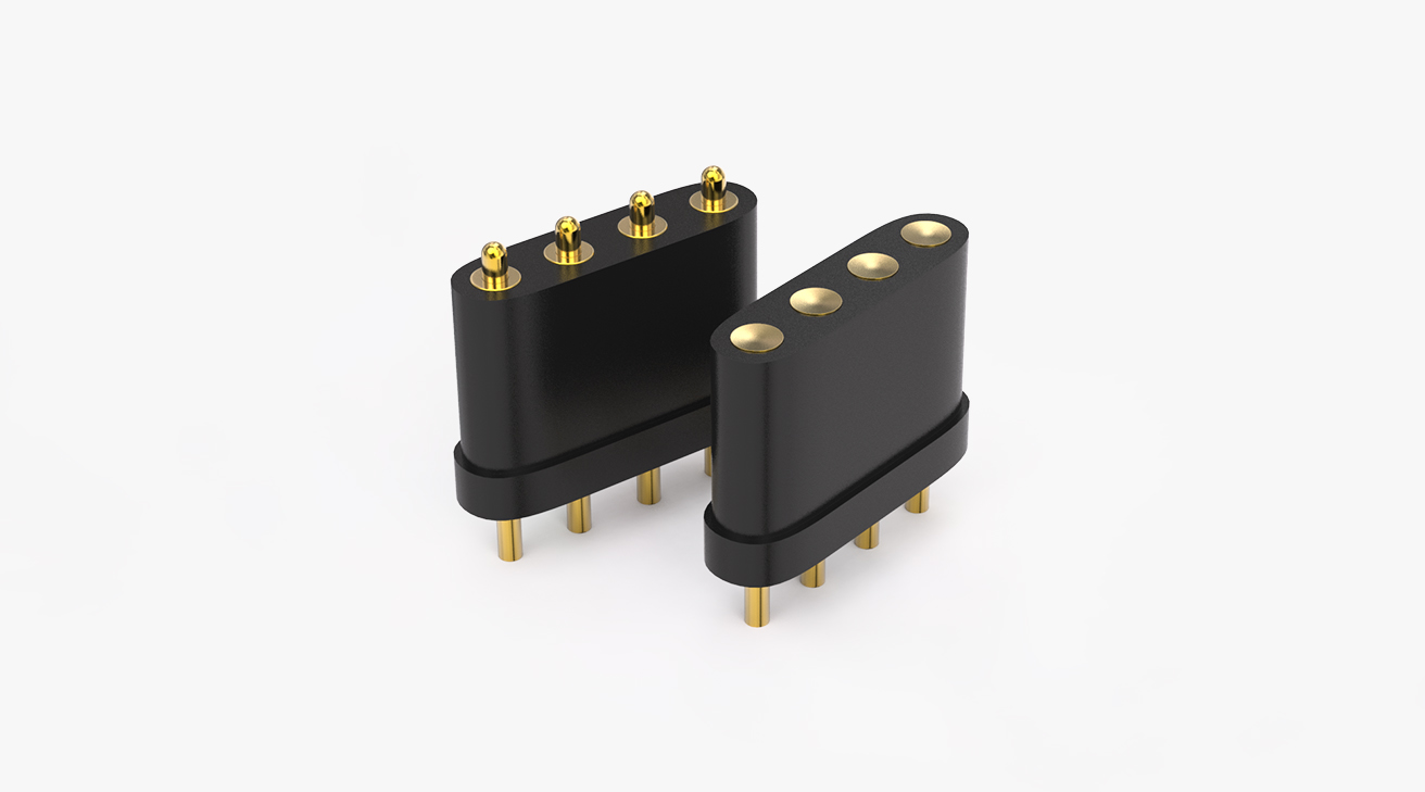 POGO PIN连接器 DIP式：4PIN，电镀黄铜Au3u，电压12V，电流1A，工作温度-30°~85°