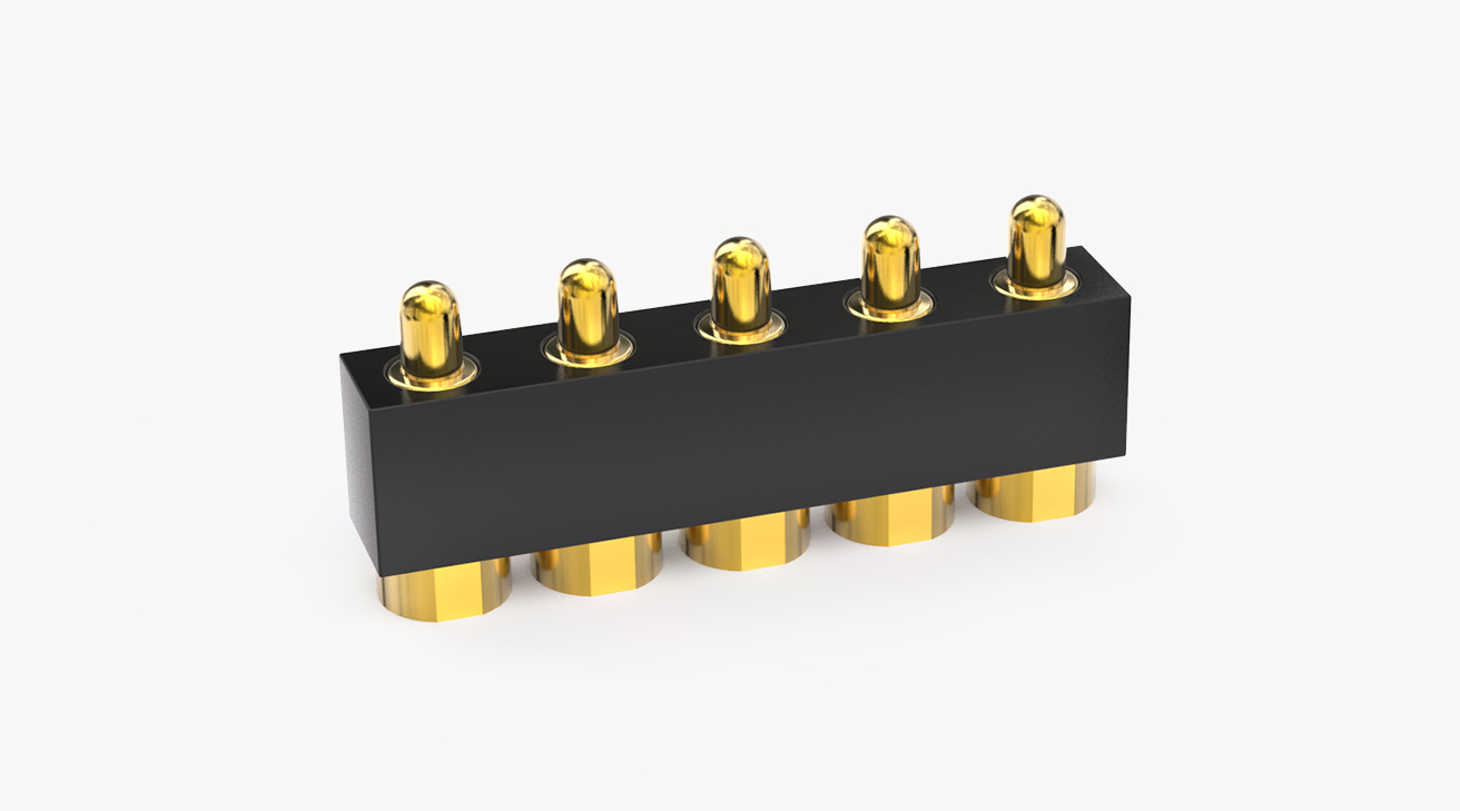 POGO PIN连接器 SMT式：5PIN，电镀黄铜Au5u，电压12V，电流3A，工作行程0.8mm:100±20gf，弹力10000次+，工作温度-30°~85°