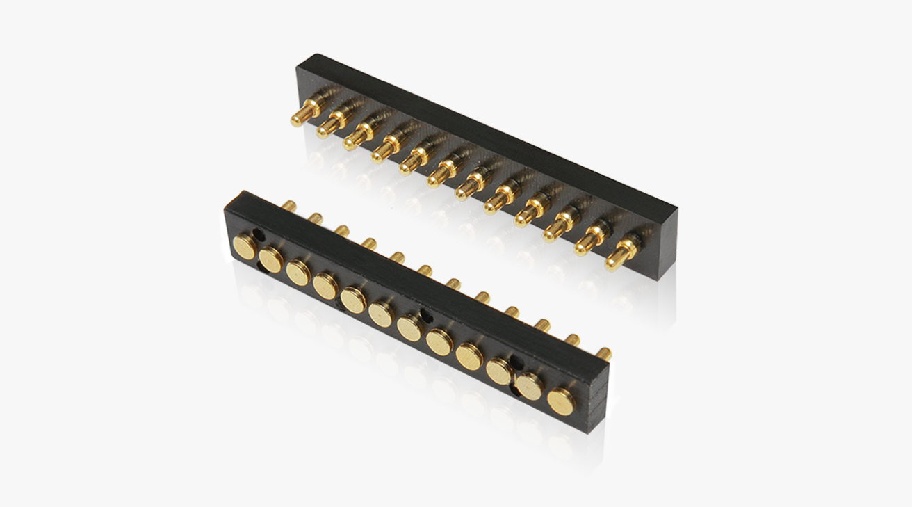 POGO PIN连接器 SMT式：12PIN，电镀黄铜Au1u，电压12V，电流1.2A，工作行程1.0mm:150gfMax，弹力30000次+，工作温度-30°~85°