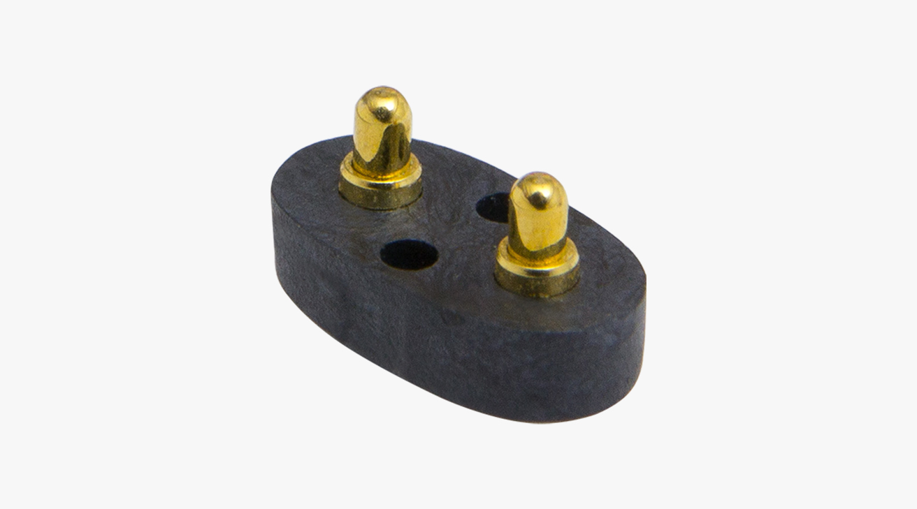 POGO PIN连接器 SMT式：2PIN，电镀黄铜Au1u，电压12V，电流1.2A，工作行程0.95mm:150gfMax，弹力30000次+，工作温度-30°~85°