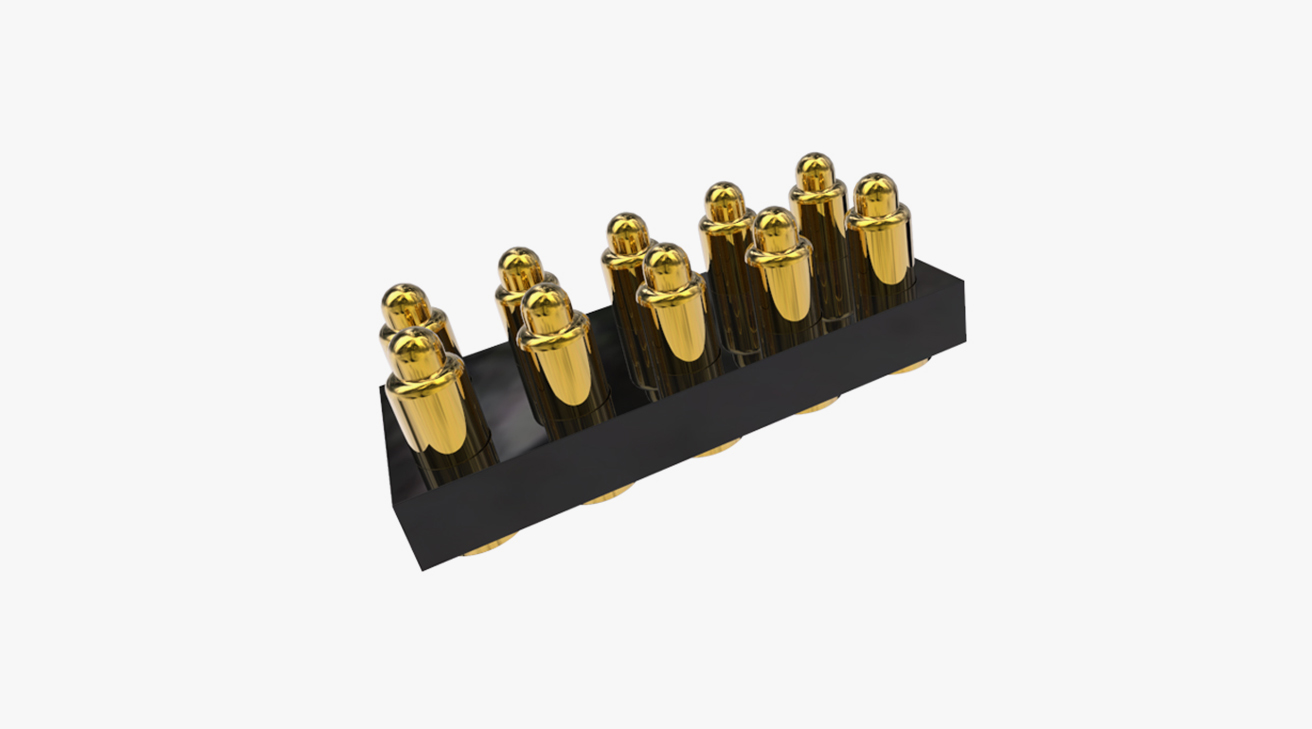 POGO PIN连接器 SMT式：10PIN，电镀黄铜Au10u，电压12V，电流3A，工作行程1.0mm:50gfMax，弹力30000次+，工作温度-30°~85°
